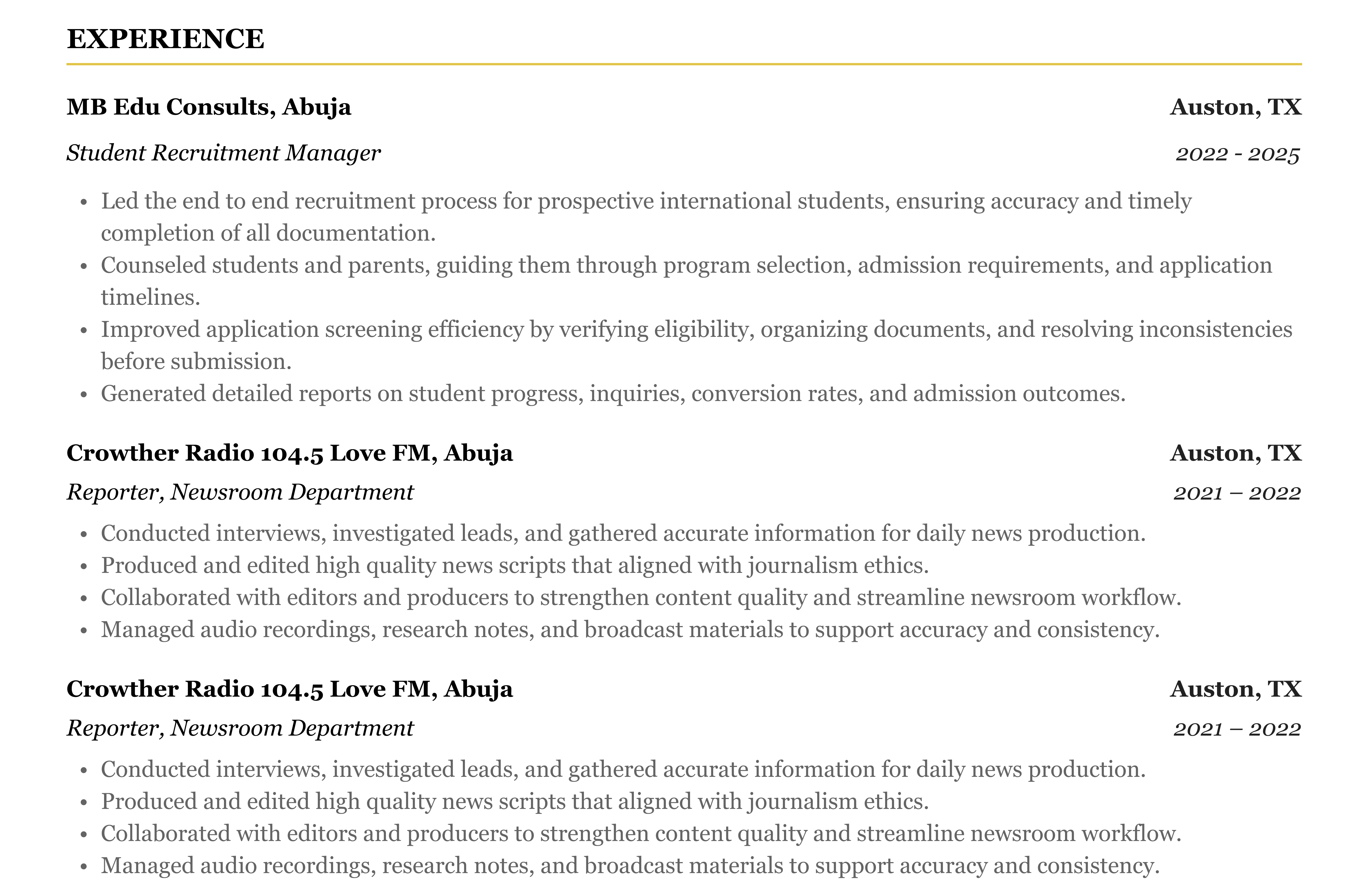 Work Experience Section Overview